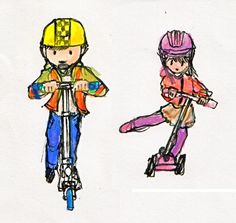 two children on scooters are drawn in colored pencils