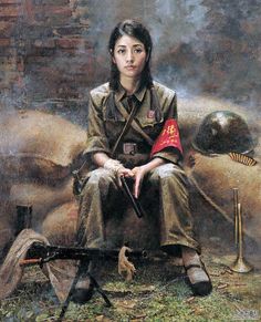 a painting of a woman in uniform sitting on a bench next to an army helmet