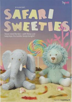 two knitted stuffed animals sitting next to each other on the cover of a book