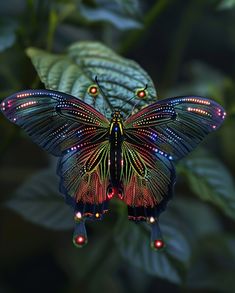 a colorful butterfly sitting on top of a green leaf covered in red and blue lights