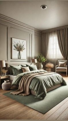 Bedroom Ideas to Inspire: Elegant Designs, Cozy Textures & Relaxing Ambiance ✨🛋️ #BedroomGoals #InteriorInspo Taupe And Green Bedroom, 2 Story Bedroom, Green And Wood Bedroom, Newhome Ideas, Olive Bedroom, Sage Bedroom, Green Bedrooms, Extension Plans, Fall Bedroom Decor