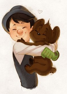 a drawing of a boy hugging a teddy bear with his arm around the other child's shoulder