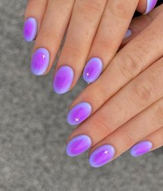 These nails feature a vibrant ombre design blending shades of purple and blue, reminiscent of a summer sunset.  🌸Click on the image to shop our trending Korean Gel Polish this season.  🌸Credit: peachinails on Instagram 🌸summer nails, ombre nails, purple nails, blue nails, gel polish, nail art, summer nail design, trendy nails, Korean nail polish, gradient nails, vibrant nails, seasonal nails, Instagram nails. Purple Salon, Pool Nails, Purple Chrome Nails, Teen Nails, Beachy Nails, Airbrush Nails, Vibrant Nails, Gradient Nails