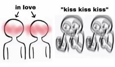 two images with the words in love, kiss kiss and an image of people facing each other