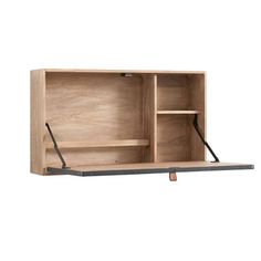 a wooden shelf with two open shelves on it