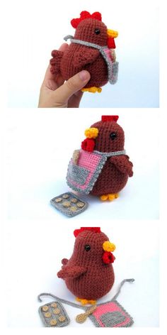 crocheted chicken with oven mitts is shown in three different views, including the top one being held up by a hand