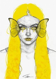 a drawing of a woman with yellow hair and butterfly wings on her head, looking at the camera