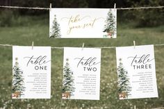 three christmas tree seating signs hanging from a line in the grass with trees on them