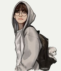 a drawing of a woman with glasses and a backpack