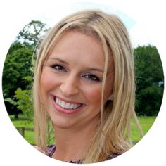 a woman with blonde hair is smiling at the camera in front of a green field