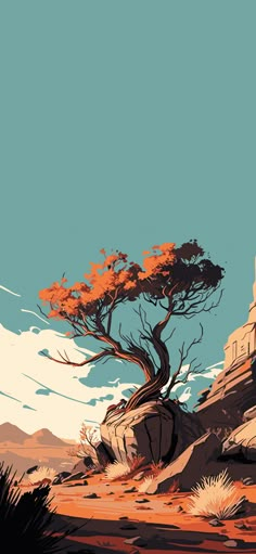 a painting of a tree on top of a mountain