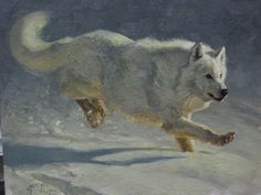 a painting of a white wolf running through the snow with his paw in its mouth