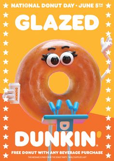 an advertisement for a donut shop featuring a cartoon character holding a giant glazed doughnut