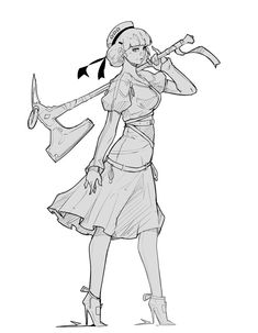 a drawing of a woman with an ax in her hand, holding a hammer and wearing high heels