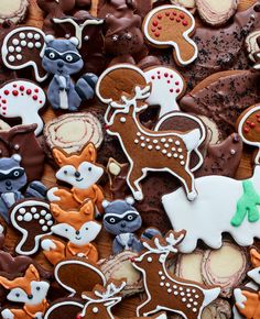 many decorated cookies are on a table with chocolate chips and frosting in the shape of animals