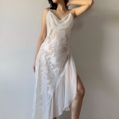 Measurements: Bust: up to 38" Waist: free Hips: free Length: 57"; adjustable straps. Brand: Victoria's Secret Label: Large  Condition: Good vintage condition * No flaws. Material: Polyester Clipped on model. Model is 5′ 6″ and wears the size XS. (Cup size: 30A, bust 30″, waist 26″, hips 37″) * Express shipping, please inform your phone number via message or note. Returns, exchanges, and refunds are not accepted. Please read measurements in each product page carefully before purchasing to ensure the item fits. If you have any questions about specific clothing please contact us at message before placing an order. Vintage Victoria's Secret, Sheer V-neck Slip Dress For Wedding, Summer Evening Chiffon Dress With Lace, Chiffon Lace Evening Dress For Summer, White Sheer Evening Slip Dress, White Sheer Slip Dress For Evening, Sheer Flowy Dress For Wedding Night, White Sheer V-neck Slip Dress, Sleeveless Lace Chiffon Summer Dress