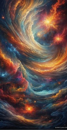 an abstract painting of colorful clouds and stars in the sky with blue, red, yellow and orange colors