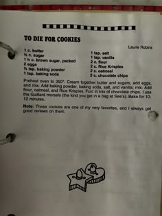 a recipe for cookies is shown on a piece of paper