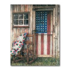 a painting of an old rocking chair and american flag in front of a wooden door