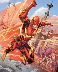 the flash is running in front of an image of some people and one has his arm out