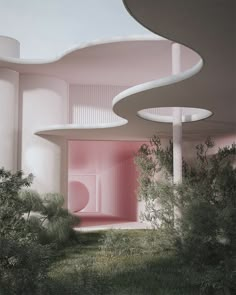 the interior of a building with pink walls and green trees in front of it, surrounded by greenery