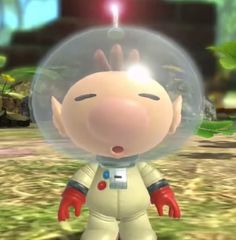 an animated character in a space suit standing in the grass with a light on his head