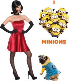 a woman in a minion costume standing next to a pug wearing a dress