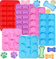 dog paw and bone shaped ice trays with different shapes, sizes and colors for dogs