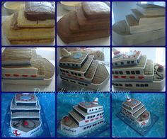 a collage of photos showing different types of cakes and boats in various stages of construction