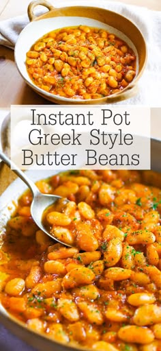 instant pot greek style butter beans recipe in a pan with spoons on the side