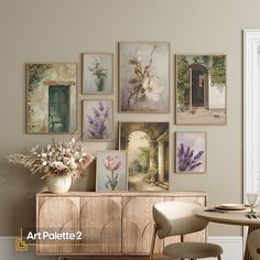 a dining room table with chairs and pictures on the wall above it that have flowers in vases