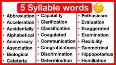 the five sylabe words are shown in red and white, with an emotive