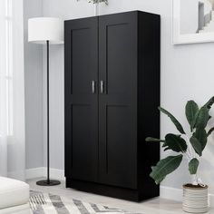 a tall black cabinet in a living room with a white rug and potted plant