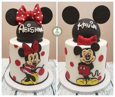 two cakes decorated to look like mickey and minnie mouse heads with red bows on top