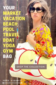 Your Market, vacation, beach, pool, travel, boat, roller-skates, yoga, gym, shoulder, everything back. Beautifully printed on cotton canvas, fully lined with two wallet pockets. A great bag to carry all the things, check out the Mrs Fishkin shop to learn more. Beach Pilates, Yoga Gym Bag, Fruit Bag, Yoga Beach, Canvas Totes, Apple Prints