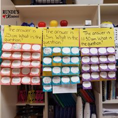 several pieces of paper with words on them hanging from the wall in front of bookshelves