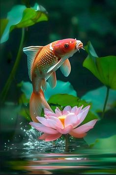 a fish that is swimming in some water next to a pink flower and green leaves