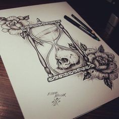 a drawing of an hourglass with a skull and roses on it