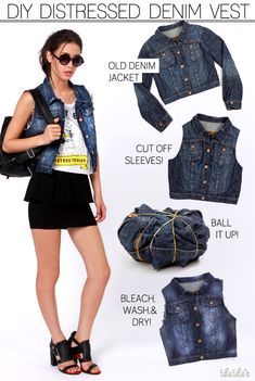 Turn that old denim jacket into a new edgy denim vest! Learn how to cut and distress that jean jacket with step-by-step instructions on the Lulus.com blog! Jean Jacket Into Vest Diy, Distressed Denim Jacket Diy, Vest Tutorial, Diy Old Jeans, Diva Design, Denim Vests, Diy Jacket, Denim Ideas