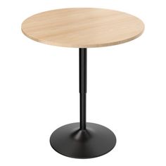 a round table with a black base and a light wood top, viewed from the front