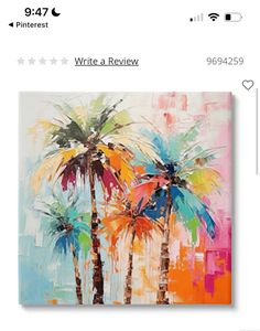 a painting with palm trees on it and the words write - a - review written below