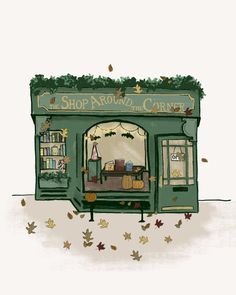 an illustration of a store front with leaves flying around