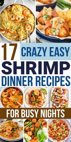 the cover of crazy easy shrimp dinner recipes for busy nights, with pictures of different dishes