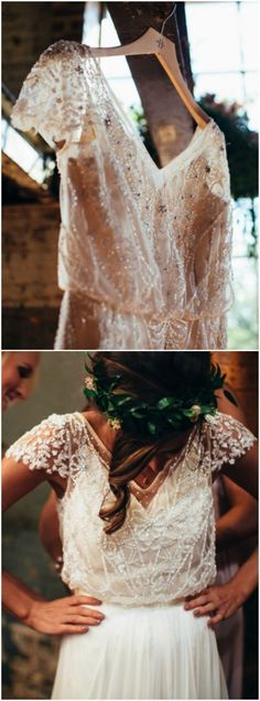 the back of a wedding dress with flowers in her hair, and an image of a woman