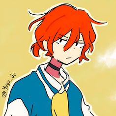 an anime character with red hair wearing a blue shirt and yellow tie is looking at the camera