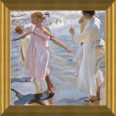 an oil painting of two women and a child playing in the water