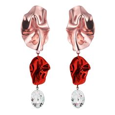 The Cindy Crystal Drop Earrings are vibrant statement earrings in metallic Petal Pink and Ruby Red. These sculptural drop earrings are accented with a dazzling crystal. Why You'll Love It The Cindy Crystal Earrings are the perfect statement earrings to accessorize any look. Their vibrant color is sure to turn heads. Details Ceramic coated Crystal Sterling silver post and butterfly fastening High-polish Mirror Finish Item includes suede jewelry pouch and box Made in New York City Shipping Ships i Crystal Statement Earrings, Suede Jewelry, Gold Vermeil Jewelry, Choker Pendant, Vermeil Jewelry, Colorful Earrings, Statement Pendant, Solid Gold Jewelry, Crystal Drop Earrings