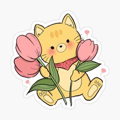 a yellow cat with pink tulips sticker