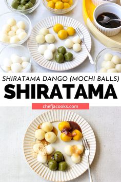 there are different types of food on this plate with the words shirtama dango mochi balls