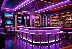 a dimly lit bar with stools and neon lights